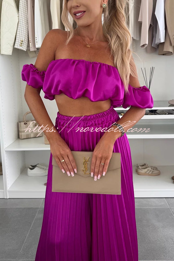 Jorie Satin Off Shoulder Puff Sleeve Crop Top and Elastic Waist Pleated Wide Leg Pants Set