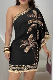 Unique Printed One Sleeve Fringe Fitted Mini Dress