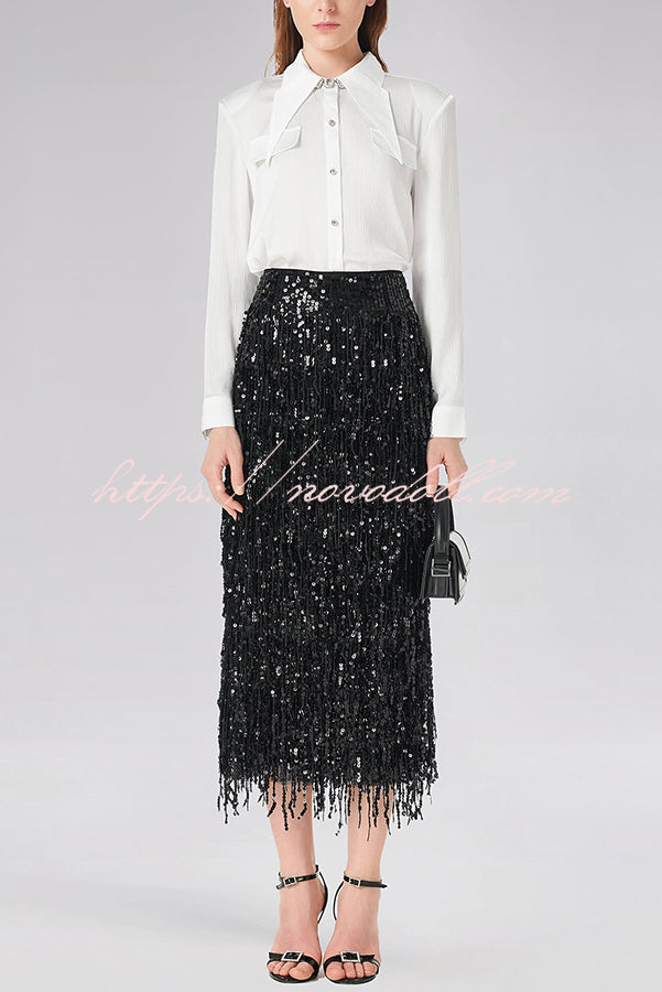 Evening Charm Layered Sequined Tassels High Rise Back Zipper Slit Midi Skirt