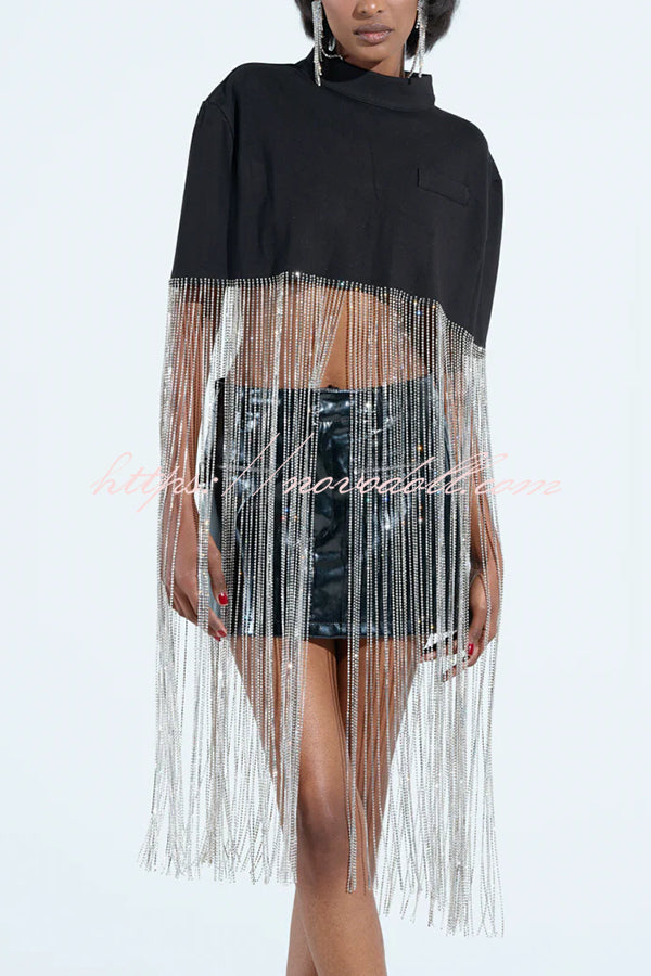 New Level Shiny Tassel Stand Neck Crop Cape Blouse