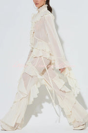 Fashionable Ruffled Elastic Waist Holiday Style Flared Pants