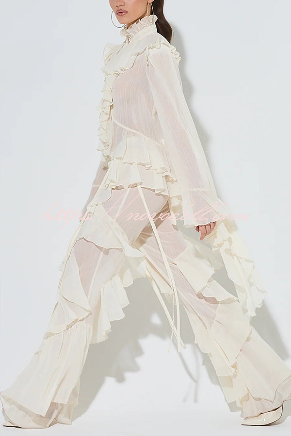 Fashionable Ruffled Elastic Waist Holiday Style Flared Pants