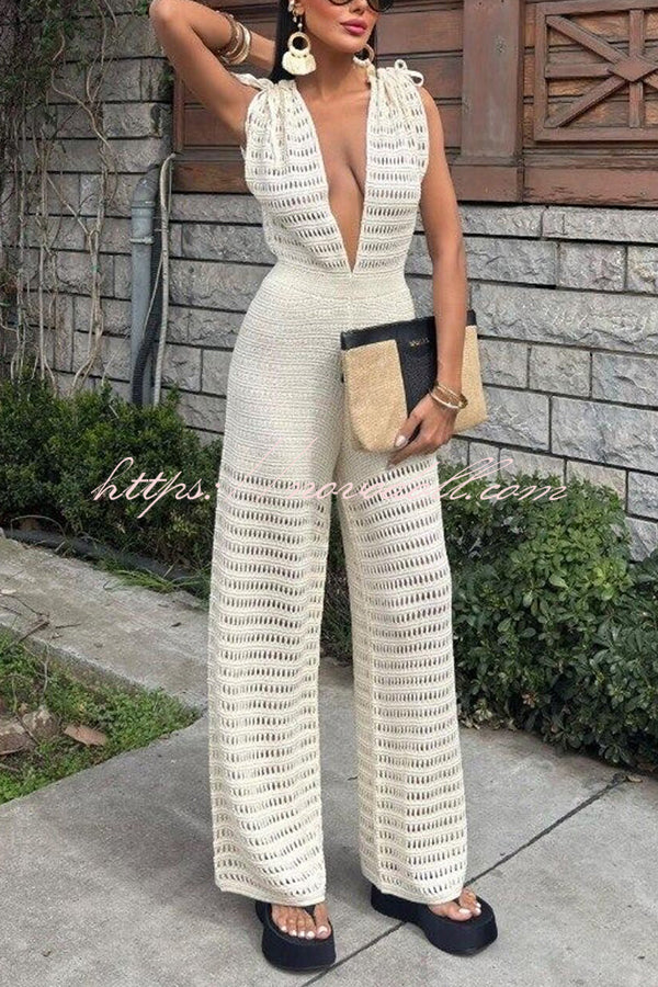 Solid Color Knitted V-neck Holiday Hollow Casual Jumpsuit