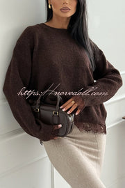 Caitlin Knit Lace Trim Patchwork Long Sleeve Back Slit Relaxed Sweater