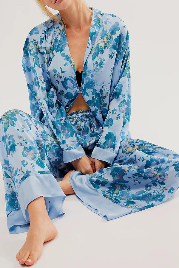 Unique Printed Lounge Long-sleeved Shirt and Elastic Waisted Baggy Pants Set