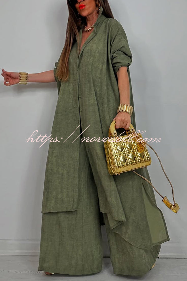 Solid Color Casual Loose Long Shirt and Elastic Waist Pocket Wide Leg Pants Set