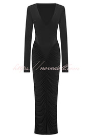 Sexy See-through Long-sleeved V-neck Pleated Slim-fit Maxi Dress