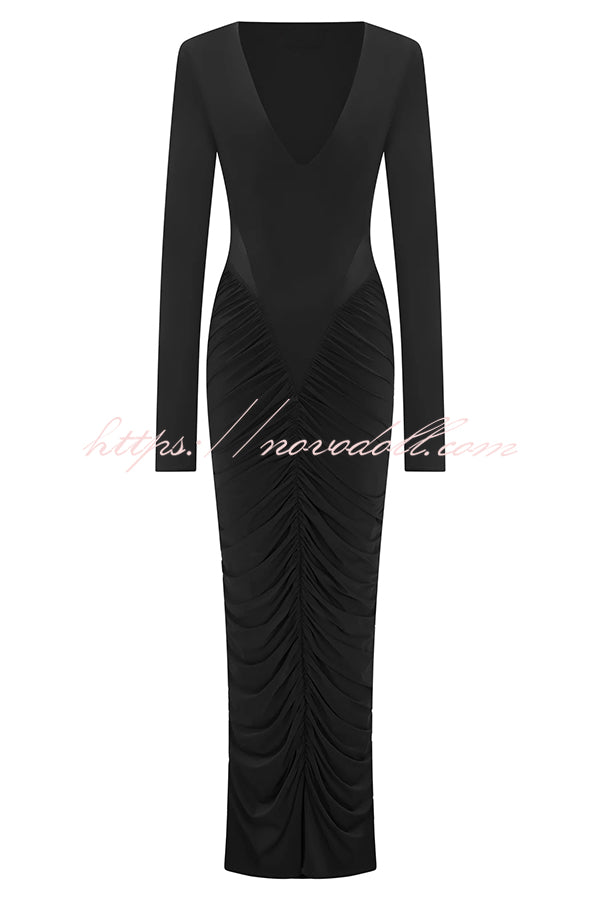 Sexy See-through Long-sleeved V-neck Pleated Slim-fit Maxi Dress