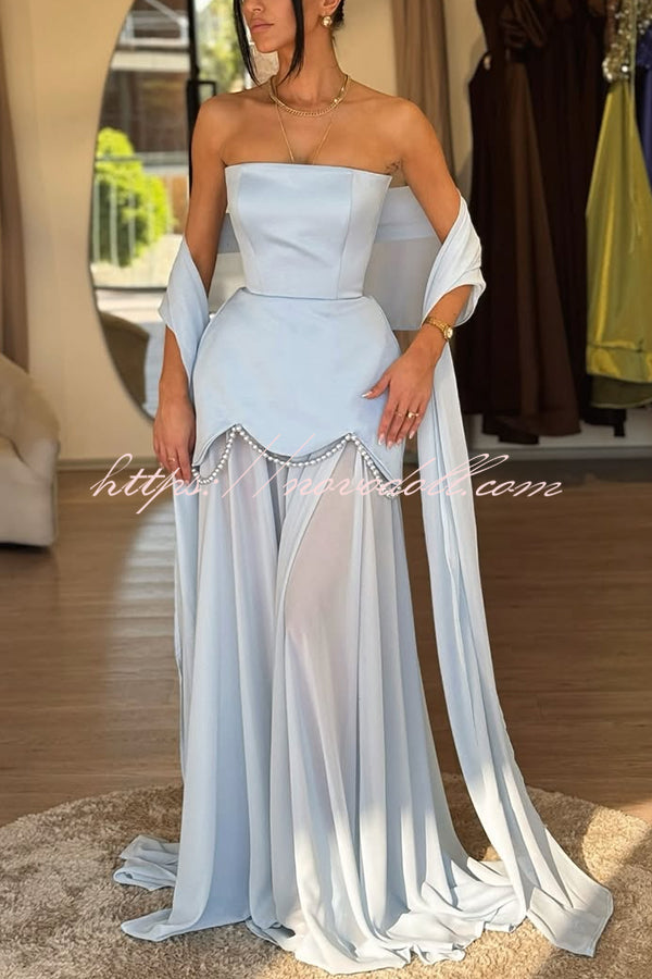 Jiya Satin Petal Hem Pearl Detail Chiffon Cape Strapless Maxi Dress