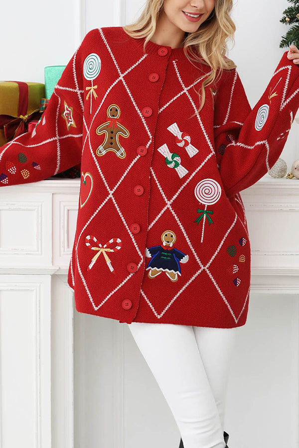 Argyle Candy Gingerbread Man Embroidered Button-knit Cardigan