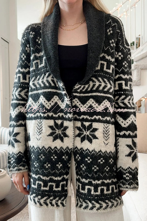 Winter Snowflake Waist Tie Lapel Midi Pocket Knit Cardigan