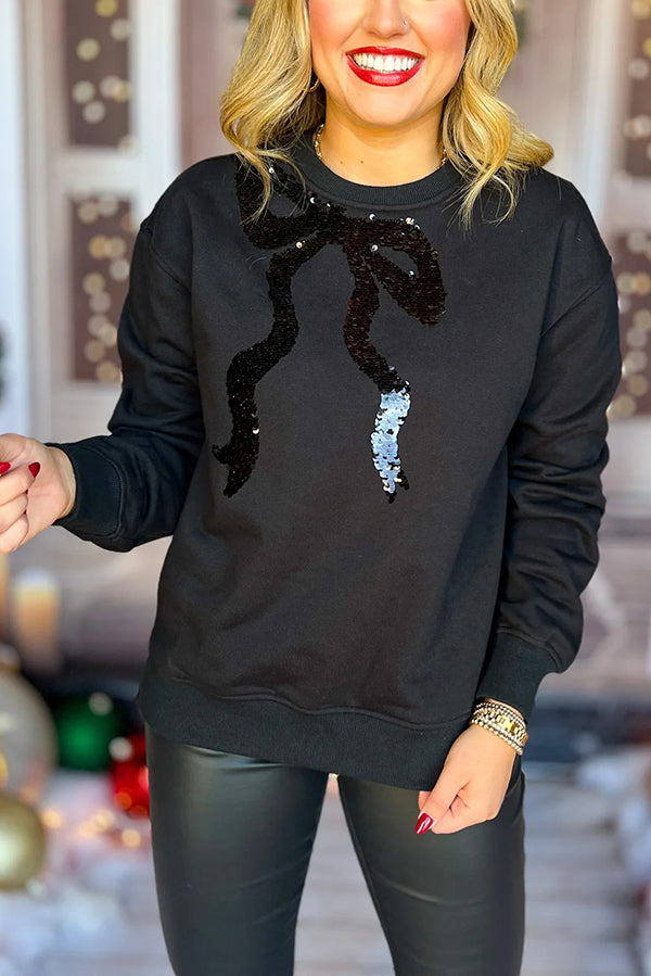 Christmas Bow Sequined Long Sleeve Casual Sweatshirt