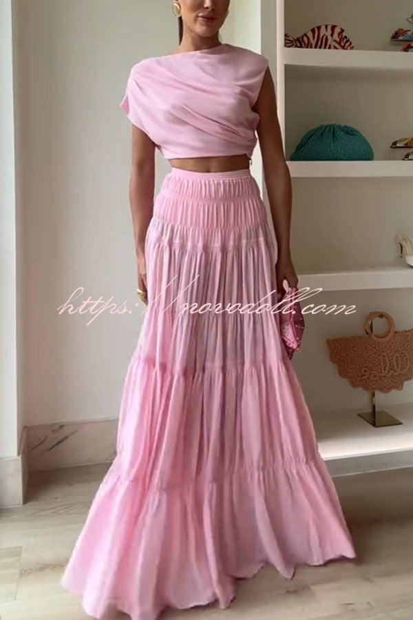Stunning Chiffon Ruched Shoulder Short Sleeve Crop Top