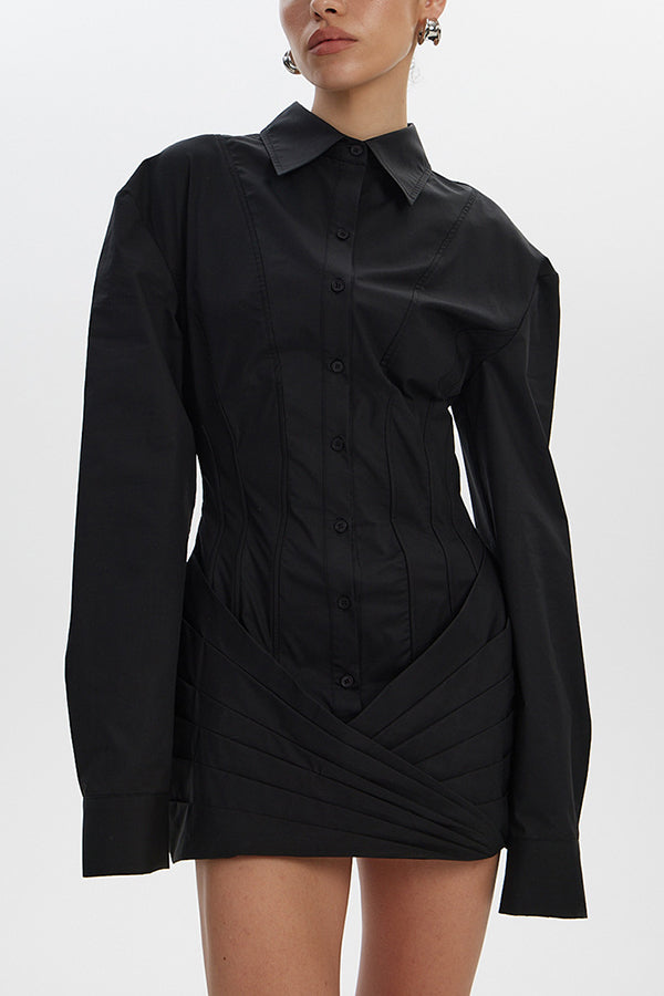 Fashion Long-sleeved Elegant Pleated Slim-fit Mini Dress