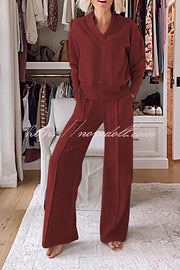 Weather Gets Cold Solid Color V-neck Top and Elastic Waist Pocketed Lounge Pants Set