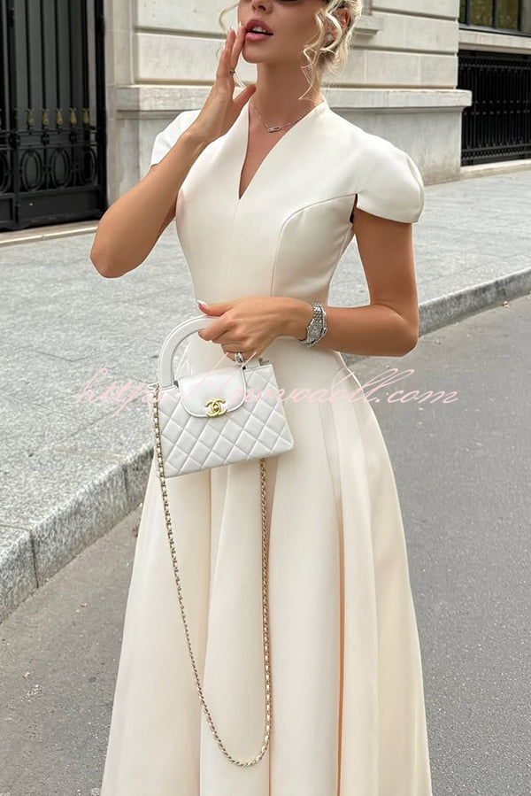Solid Color V-neck Waist Elegant Full Hem Maxi Dress
