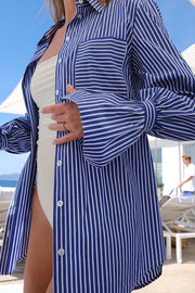 Striped Print Ruffled Long Sleeve Pockets Loose Shirt