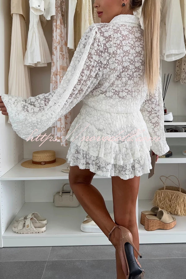 Nicola Lace Long Balloon Sleeve Blouse and Elastic Waist Layered Skort Set