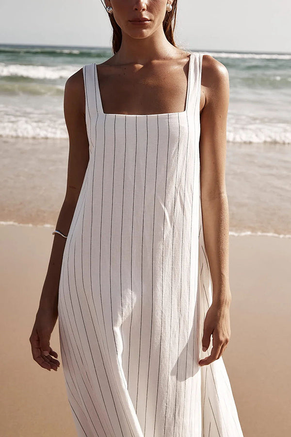 Simple and Stunning Linen Blend Pinstripe Detail Square Neck A-line Maxi Dress