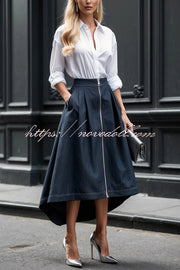 Effortless Charm Front Zipper Detail Pocketed High Low Pleated Midi Skirt