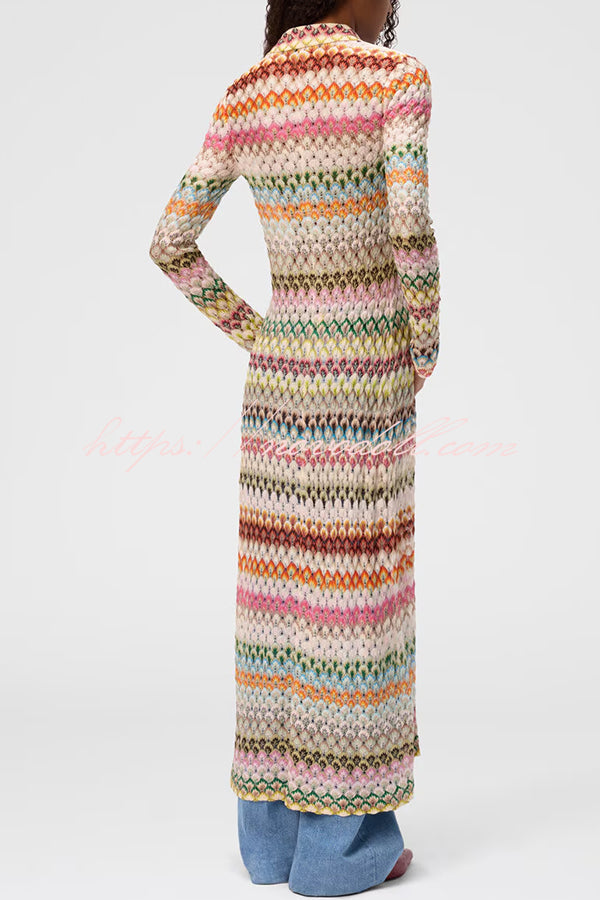 Anna Knit Colorful Herringbone Print Shirt Neck Button Long Sleeve Slim-fit Long Cardigan