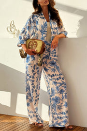 Linen Blend Botanical Print Loose-fitting Top and Elastic Waist Wide-leg Casual Pants Set