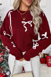Christmas Bow Round Neck Long Sleeve Loose Knitted Sweater