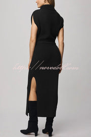 Solid Color Sleeveless Knitted Elegant Waist Midi Dress