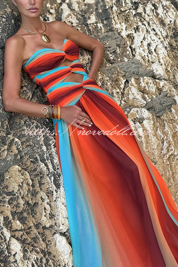 Sardinia Sunset Mesh Printed Twist Cutout Off Shoulder Vacation Maxi Dress
