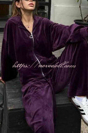 Velvet Casual Zip-up Hooded Top and Elastic Waist Wide Leg Pants Set