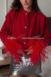 Solid Color Elegant Feather Long Sleeve Casual Knitted Cardigan
