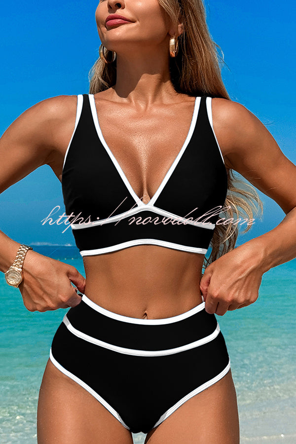 Solid Color Contrast High Waist Stretch Bikini Swimsuit