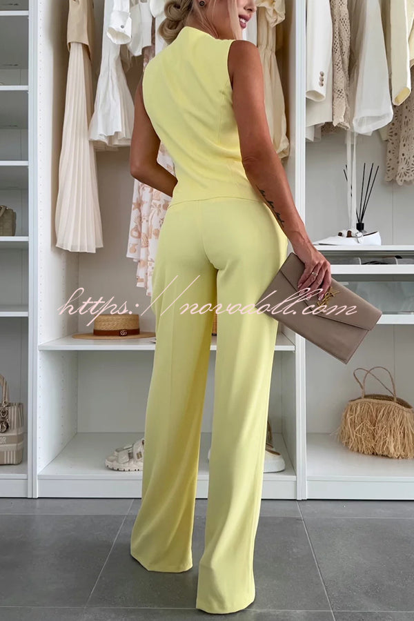 Workplace Chic Sleeveless Button Vest and Relaxed Pocket Wide Leg Pants Set