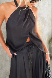 Gette Linen Blend Slit Front Top and High Rise Knoted Pocket Wide Leg Pants Set