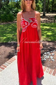 Red Fish Embroidered Sling Backless Maxi Dress