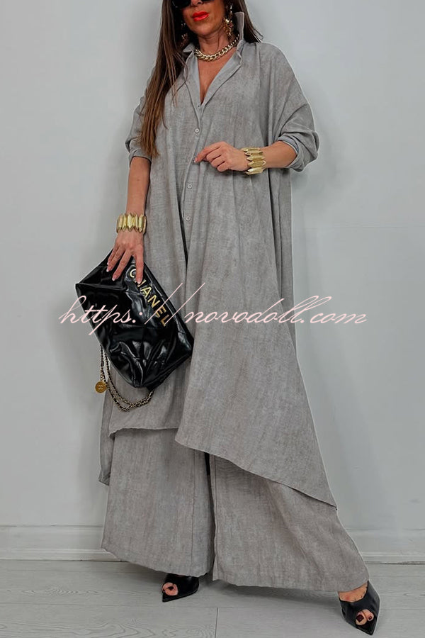 Solid Color Casual Loose Long Shirt and Elastic Waist Pocket Wide Leg Pants Set
