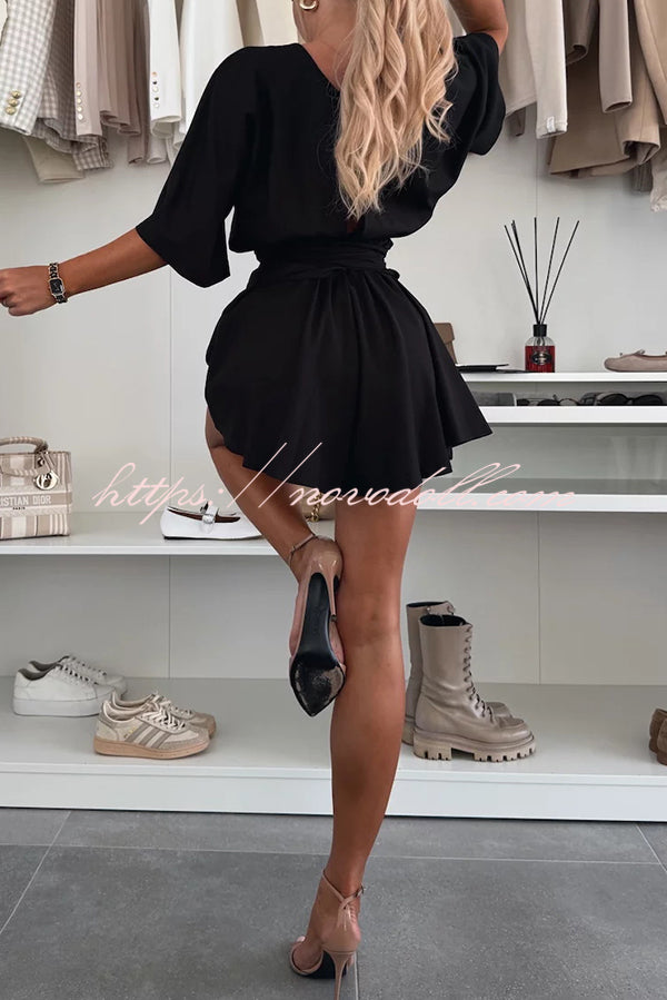 Stylish Comfortable V-neck Wide Sleeve Tie-up Loose Romper