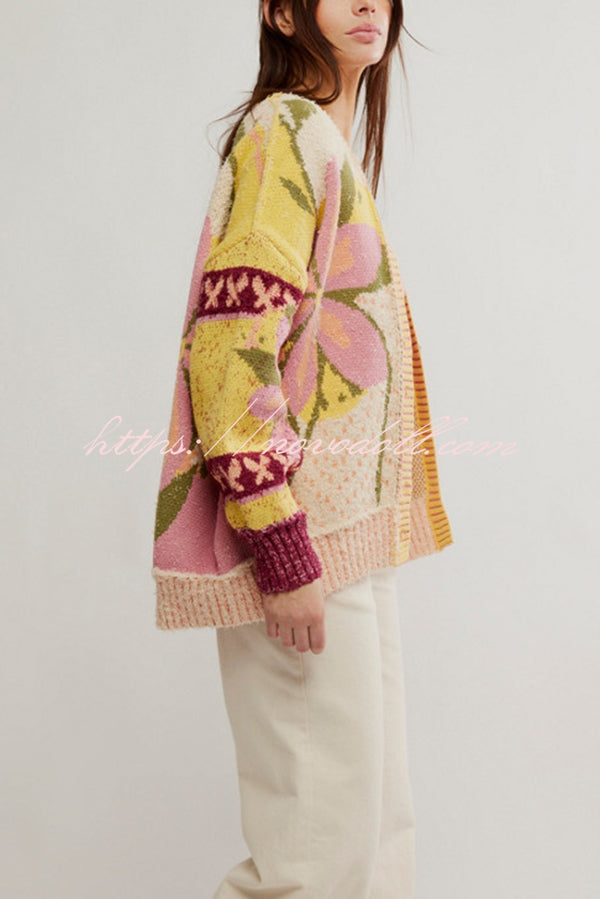 Floral Pattern Loose Long-sleeved Knitted Cardigan