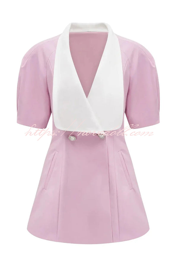 Seasonal Cheer Pearl Button Puff Sleeve Backless Bow Lapel Mini Dress