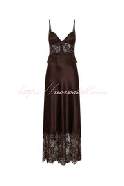 Elegant Evening Satin Lace Patchwork See-through Waist Slip Maxi Dress