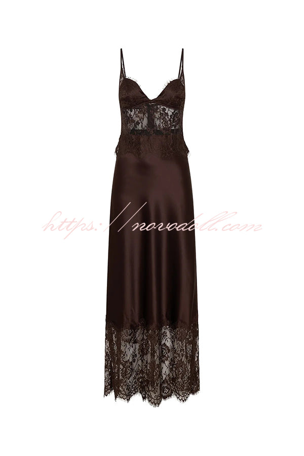 Elegant Evening Satin Lace Patchwork See-through Waist Slip Maxi Dress