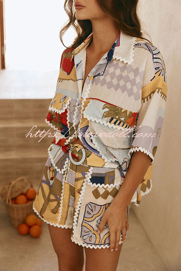 Capricci Ric Rac Trims Unique Print  Pocketed Loose Shirt and Shorts Set