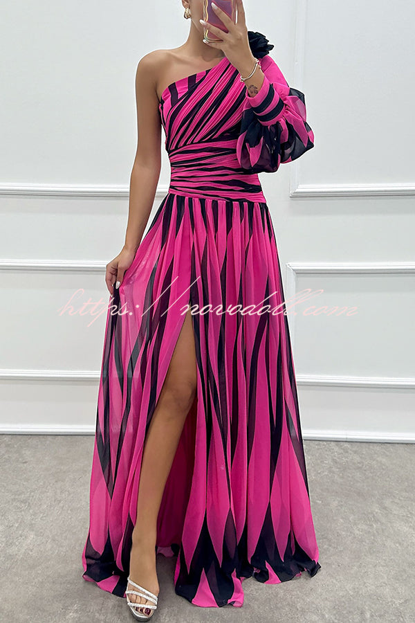 Purely Charming Printed Rose Pendant One Shoulder Pleated Slit Maxi Dress