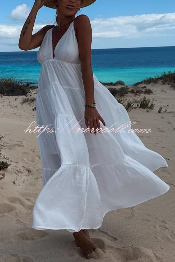 Bohemian Style V-neck Backless Slip Layered Vacation Maxi Dress