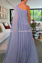 End of Light Chiffon One Shoulder Single-sleeve Shawl Ruched Maxi Dress
