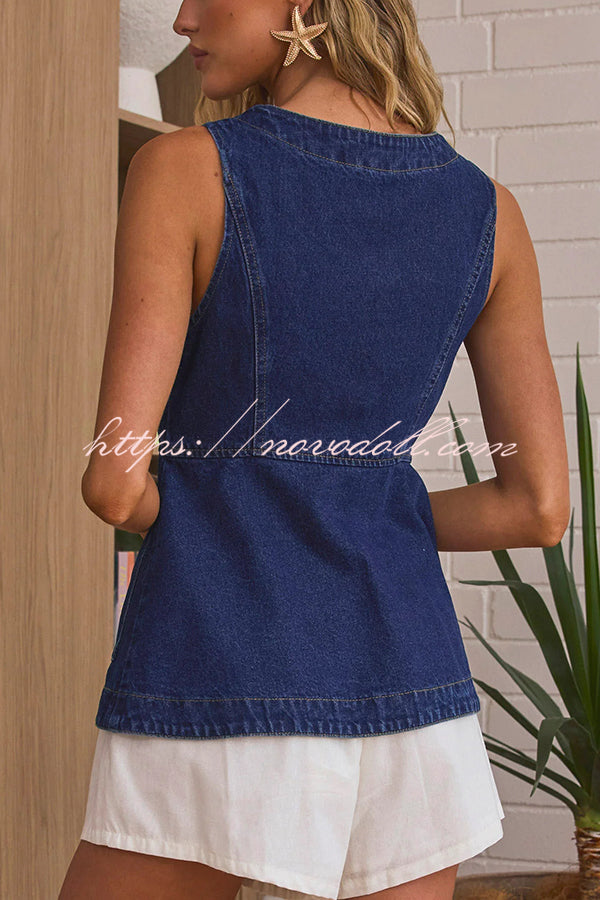 Fashionable Casual Slim Fit Button Pocket Denim Vest