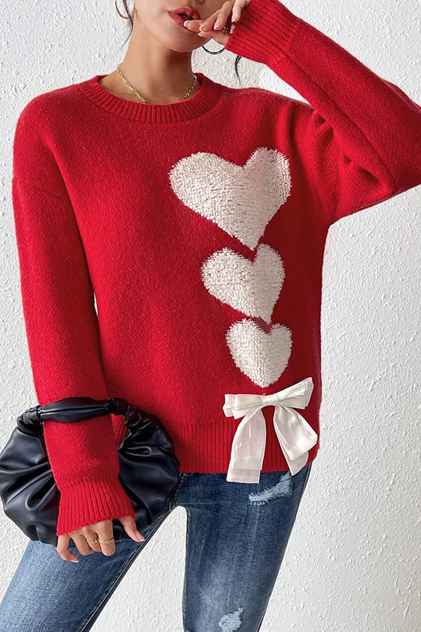 Love Jacquard Loose Cute Bowknitted Long Sleeve Sweater