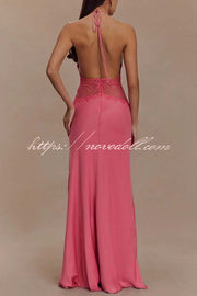 Seductive Details Satin Lace Waist Halter Tie-up Backless Maxi Dress