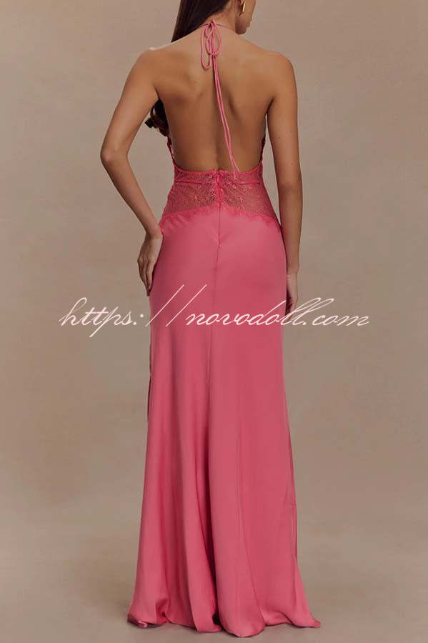 Seductive Details Satin Lace Waist Halter Tie-up Backless Maxi Dress