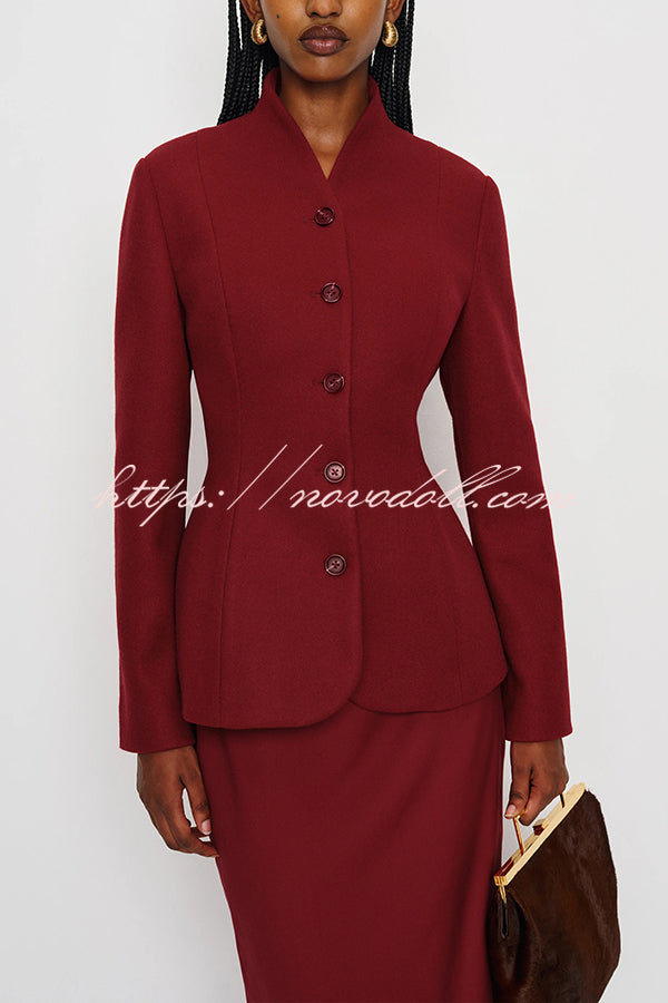 Retro Dramatic Stand Neck Button Up Long Sleeve Curved Waist Jacket